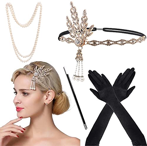 Meiruier 1920 Zubehör-Set, 1920er Jahre Mode Stirnband Halter Lange Handschuhe Perlenkette Great Gatsby Accessoires für Frauen, Charleston Fancy Set (Style-1) von Meiruier