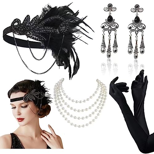 Meiruier 1920 Zubehör-Set, 1920er Jahre Mode Stirnband Halter Lange Handschuhe Perlenkette Great Gatsby Accessoires für Frauen, Charleston Fancy Set (Style 2) von Meiruier