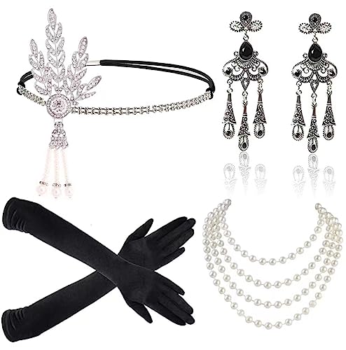 Meiruier 5 Stück1920 Zubehör-Set, 1920er Jahre Mode Stirnband Halter Lange Handschuhe Perlenkette Great Gatsby Accessoires für Frauen, Charleston Fancy Set (Style 3) von Meiruier