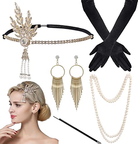 Meiruier 1920 Zubehör-Set, 1920er Jahre Mode Stirnband Halter Lange Handschuhe Perlenkette Great Gatsby Accessoires für Frauen, Charleston Fancy Set (Style 4) von Meiruier
