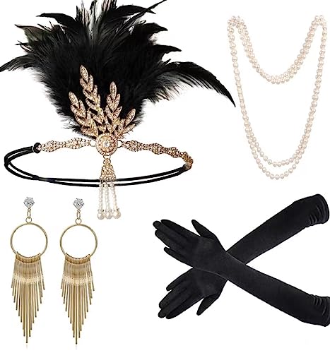 Meiruier 1920 Zubehör-Set, 1920er Jahre Mode Stirnband Halter Lange Handschuhe Perlenkette Great Gatsby Accessoires für Frauen, Charleston Fancy Set (Style 5) von Meiruier