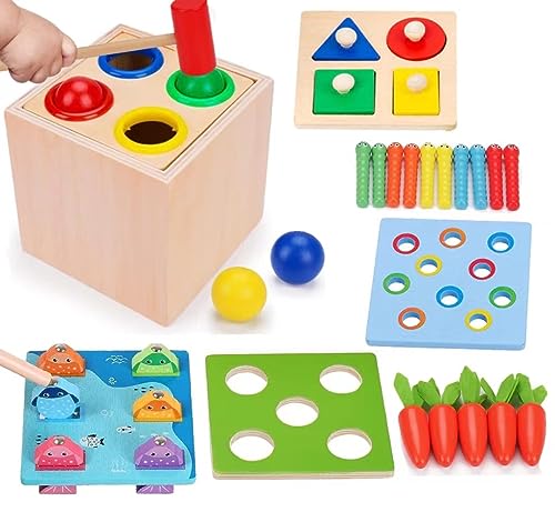 Meiruier 5-In-1 Montessori Münzbox,Ball Drop,Montessori Spielzeug ab 1 Jahr,Montessori Fischen,Karottenernte Lernspielzeug,Stapelspielzeug Lernspielzeug Geschenk für Kinder (5-IN-1) von Meiruier