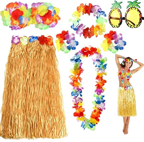 Meiruier 7 Stück Hawaii Party Kostüm Set,Hawaii Kostüm Damen,Faschingskostüme Damen für Beachparty Deko und Ananas Sonnenbrille Beachparty Deko (Gelb-1) von Meiruier