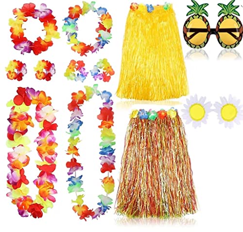 Meiruier 7 Stück Hawaii Party Kostüm Set,Hawaii Kostüm Damen,Faschingskostüme Damen für Beachparty Deko und Ananas Sonnenbrille Beachparty Deko (Gelb-2) von Meiruier