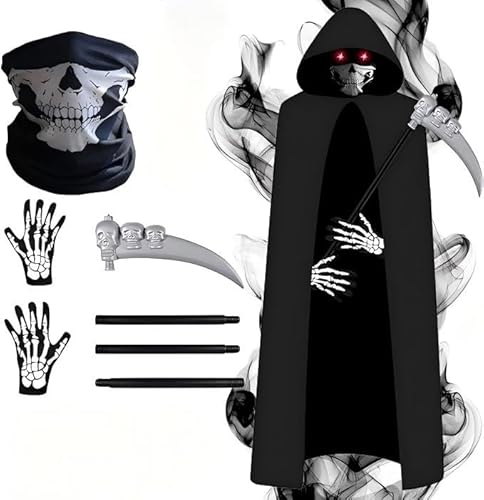 Meiruier Halloween Sensenmann Kostüm Erwachsene: mit Umhang Kapuze Glühhandschuhen Schädelmaske Sense Set - für Halloween Party Karneval Cos play von Meiruier