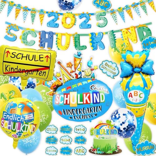 SCHULKIND Einschulung Deko 2025 Mädchen/Junge, Schulkind Girlande,Zuckertüte Folienballon + Papierwimpel,Luftballons, Schulanfang Deko Schuleinführung ABC 123 (blue) von Meiruier