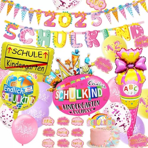 SCHULKIND Einschulung Deko 2025 Mädchen/Junge, Schulkind Girlande,Zuckertüte Folienballon + Papierwimpel,Luftballons, Schulanfang Deko Schuleinführung ABC 123 (pink) von Meiruier