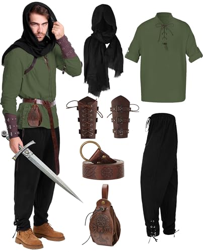 6-teiliges Renaissance-Wikinger-Kostüm, mittelalterliches Piratenhemd, Hose, Zubehör-Set für Halloween, Grün-Schwarz, Größe XXL von Meistuik