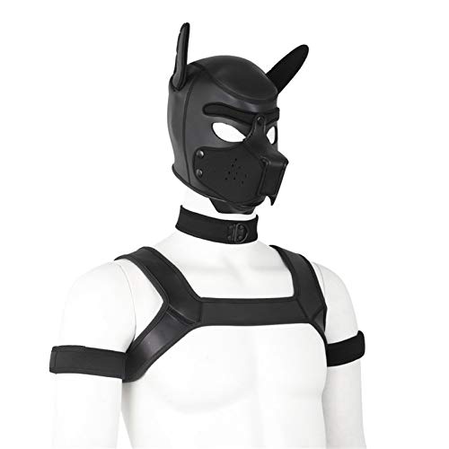 Meitaoyigou 4 Set Neopren-Welpenhaube Benutzerdefinierte Tierkopf-Maske Neuheit Kostüm Hundhauben-Maske, Kragen, Armbinde und Kabelbaum (L, Black) von Meitaoyigou