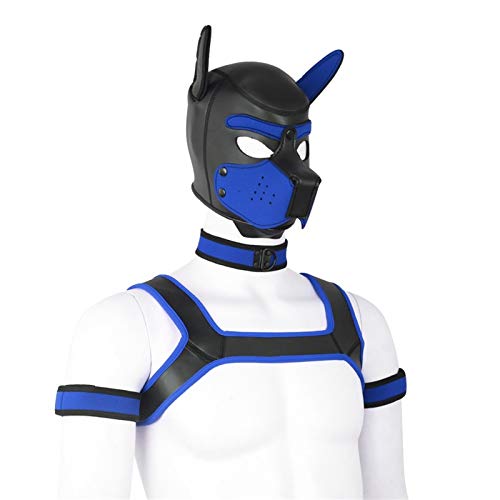 Meitaoyigou 4 Set Neopren-Welpenhaube Benutzerdefinierte Tierkopf-Maske Neuheit Kostüm Hundhauben-Maske, Kragen, Armbinde und Kabelbaum (L, Blue) von Meitaoyigou