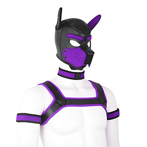 Meitaoyigou 4 Set Neopren-Welpenhaube Benutzerdefinierte Tierkopf-Maske Neuheit Kostüm Hundhauben-Maske, Kragen, Armbinde und Kabelbaum (L, Purple) von Meitaoyigou