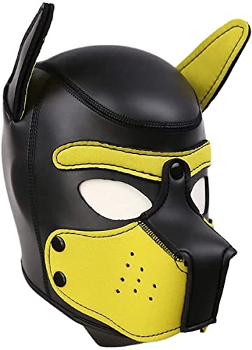 Meitaoyigou Full Face Maske, Weiche Latex Petplay Hundemaske mit Biegbar Ohren, Abnehmbarer Mund, Geeignet für Halloween, Urlaubsparty (L, Gelb) von Meitaoyigou