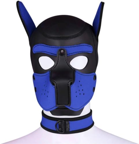 Meitaoyigou Neopren-Welpen-Haubenmaske mit Kragen, abnehmbare Cosplay-Hunde-Vollgesichts-Welpen-Haubenmaske, Halloween-Maske, Partykostüm (Blau, L) von Meitaoyigou