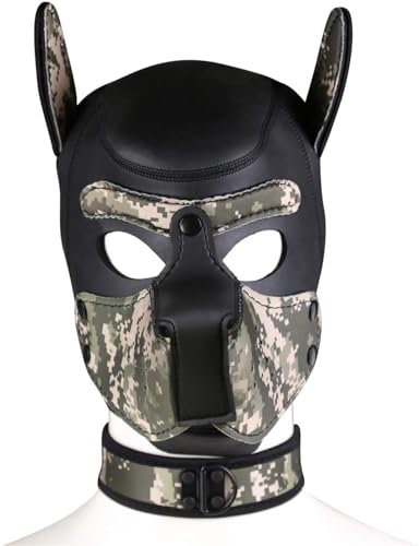 Meitaoyigou Neopren-Welpen-Haubenmaske mit Kragen, abnehmbare Cosplay-Hunde-Vollgesichts-Welpen-Haubenmaske, Halloween-Maske, Partykostüm (Camo, L) von Meitaoyigou