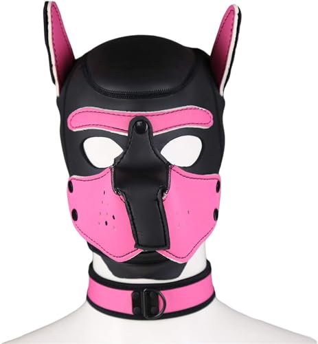 Meitaoyigou Neopren-Welpen-Haubenmaske mit Kragen, abnehmbare Cosplay-Hunde-Vollgesichts-Welpen-Haubenmaske, Halloween-Maske, Partykostüm (Rosa, XL) von Meitaoyigou