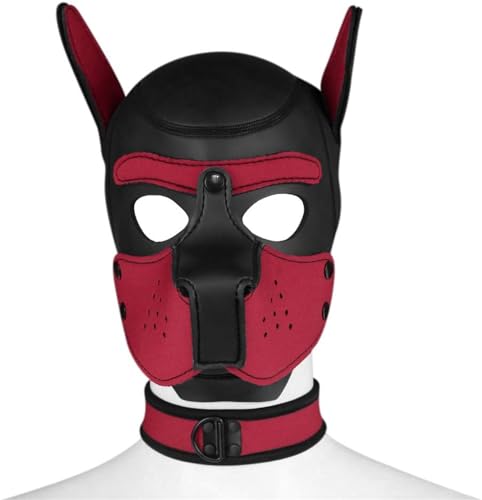 Meitaoyigou Neopren-Welpen-Haubenmaske mit Kragen, abnehmbare Cosplay-Hunde-Vollgesichts-Welpen-Haubenmaske, Halloween-Maske, Partykostüm (Rot, L) von Meitaoyigou