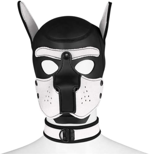 Meitaoyigou Neopren-Welpen-Haubenmaske mit Kragen, abnehmbare Cosplay-Hunde-Vollgesichts-Welpen-Haubenmaske, Halloween-Maske, Partykostüm (Weiß, XL) von Meitaoyigou