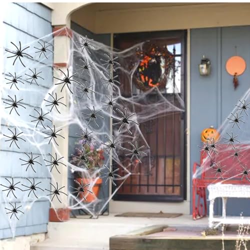 Meiturzhen Halloween Deko Spinnennetz Set,200g Dehnbare Spinnennetze und 50 Künstliche Spinnen,Realistisch Partyzubehör für Outdoor Garten Innen Horror Party Hängende Gruselig Deko von Meiturzhen