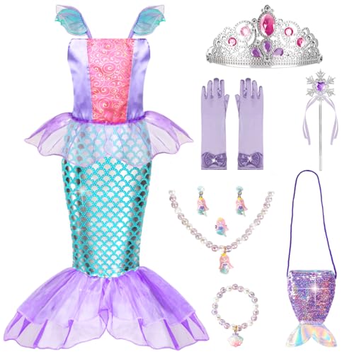 Meland Meerjungfrau Kostüm Mädchen,9 Stück Arielle Kostüm Kinder für 3-10 Jahre, Faschingskostüme Mädchen für Karneval, Halloween, Geburtstag, Cosplay Party von Meland