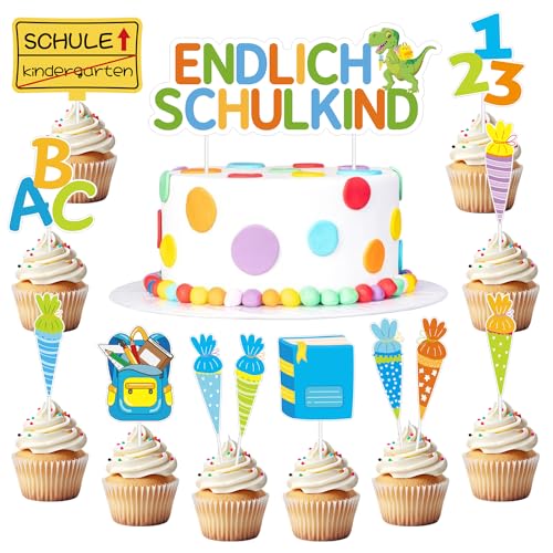 13 Stück Tortendeko Einschulung Dinosaurier,Cake Topper Einschulung Junge,Kuchendeko Schulanfang,Kuchen Deko Einschulung für Schulkind Geschenk und Einschulung Party Torten Deko von Meleager