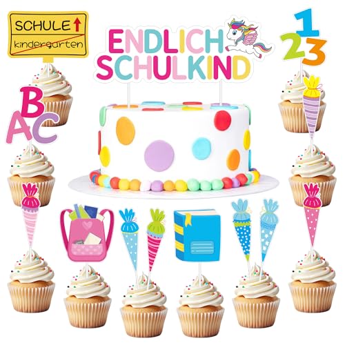 13 Stück Tortendeko Einschulung Einhorn,Cake Topper Einschulung Mädchen,Kuchendeko Schulanfang,Kuchen Deko Einschulung für Schulkind Geschenk und Einschulung Party Torten Deko von Meleager