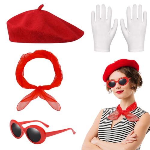 Meleager 4 Stück 50er jahre Accessoires Damen, Rockabilly Accessoires Damen mit Rote Baskenmütze, Schal, Sonnenbrille und Handschuhe, Franzosen Kostüm, 50er jahre Outfit Damen Meleager 4 Stück 50er jahre Accessoires Damen, Rockabilly Accessoires Damen mit Rote Baskenmütze, Schal, Sonnenbrille und Handschuhe, Franzosen Kostüm, 50er jahre Outfit Damen von Meleager