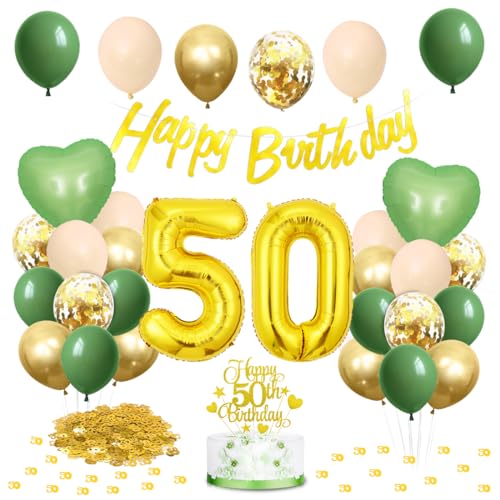 50. Geburtstag Deko Salbeigrüne - Frau Mann Grün Gold Luftballons Mit Happy Birthday Girlande, Tortendeko, Grün Gold Ballons für 50 Jahre Geburtstagsdeko von Meleager