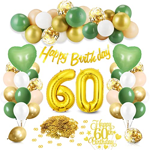 60 Geburtstag Deko Avocadogrün, Deko 60. Geburtstag Frau Grün Gold, Zahl 60 Luftballon mit 60 Geburtstag Banner, Geburtstagsdeko Grün 60, Grün Weiß Gold Ballons für Frauen Geburtstag 60 Deko von Meleager