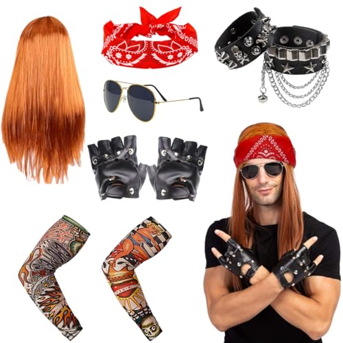 70er 80er 90er Jahre Outfit, Disco Kostüm, Hippie Kostüm, Rocker Outfit Set mit Perücke Kopftuch Armband Sonnenbrille Handschuhe Geblümte Arme, für Karneval & Mottoparty 70er 80er 90er Jahre Outfit, Disco Kostüm, Hippie Kostüm, Rocker Outfit Set mit Perücke Kopftuch Armband Sonnenbrille Handschuhe Geblümte Arme, für Karneval & Mottoparty von Meleager
