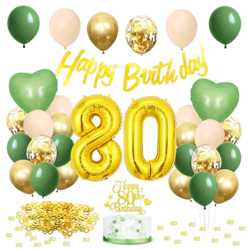 80. Geburtstag Deko Salbeigrüne, Grün Gold Luftballon 80. Geburtstag mit Happy Birthday Girlande und Tortendeko, Grün Gold Ballons für 80 Jahre Geburtstagsdeko Frau Männer von Meleager
