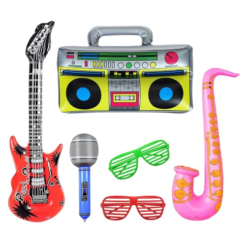 Aufblasbare Instrumente, 6 Stück Aufblasbare Rock Star Toy Set, Luftgitarren zum Aufblasen, Aufblasbare Radio 80er, Aufblasbare Saxophon Mikrofon, Jalousien Sonnenbrille für Party Deko Aufblasbare Instrumente, 6 Stück Aufblasbare Rock Star Toy Set, Luftgitarren zum Aufblasen, Aufblasbare Radio 80er, Aufblasbare Saxophon Mikrofon, Jalousien Sonnenbrille für Party Deko von Meleager