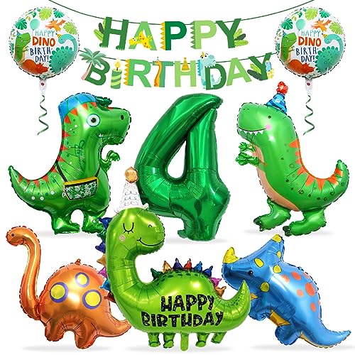 Dino Geburtstag Deko 4 Jahre, Folienballon Dinosaurier mit Happy Birthday Girlande, Dino Luftballons Geburtstag 4, Dinosaurier Ballon 4, Dinosaurier Luftballon Helium, für Kindergeburtstag Party von Meleager