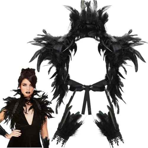 Federkragen Schwarz, Federcape, Federmanschetten, Schwarz Gothic Federumhang, 3 Stück Shrug federumhang Kostüm mit Feder Manschetten, Federschal für Männer und Frauen, für Karneval Halloween Cosplay Federkragen Schwarz, Federcape, Federmanschetten, Schwarz Gothic Federumhang, 3 Stück Shrug federumhang Kostüm mit Feder Manschetten, Federschal für Männer und Frauen, für Karneval Halloween Cosplay von Meleager