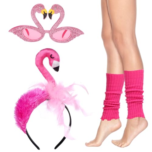 Flamingo Haarreif Feder, Flamingo Sunglass, 3 Stück Flamingo Kostüm Accessoires Satz, Beinstulpen Rosa 80er, Partyzubehör Erwachsene Kinder für Hawaii Ostern Karneval Halloween Fasching Cosplay von Meleager