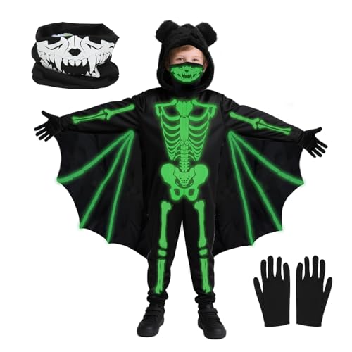Fledermaus Kostüm Kinder, Halloween Skelett Kostüm Glühen im Dunkeln, Skelett-Fledermauskostüm mit Maske und Handschuhe für Jungen Mädchen für Halloween, Karneval, Kostümpartys (120cm) von Meleager