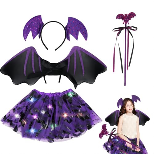 Fledermaus Kostüm Mädchen, Halloween Kostüm Kinder mit Haarreif, Lila Tutu Rock, Flügel und Zauberstab für Karneval Halloween Cosplay Party Fledermaus Kostüm Mädchen, Halloween Kostüm Kinder mit Haarreif, Lila Tutu Rock, Flügel und Zauberstab für Karneval Halloween Cosplay Party von Meleager