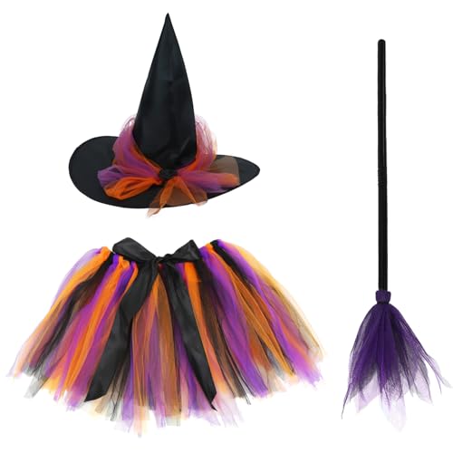 Hexenkostüm Kinder, Halloween Kostüm Mädchen Hexe mit Hexenhut, Bunt Tüllrock und Besen, für Halloween, Karnevals, Cosplay Hexenkostüm Kinder, Halloween Kostüm Mädchen Hexe mit Hexenhut, Bunt Tüllrock und Besen, für Halloween, Karnevals, Cosplay von Meleager