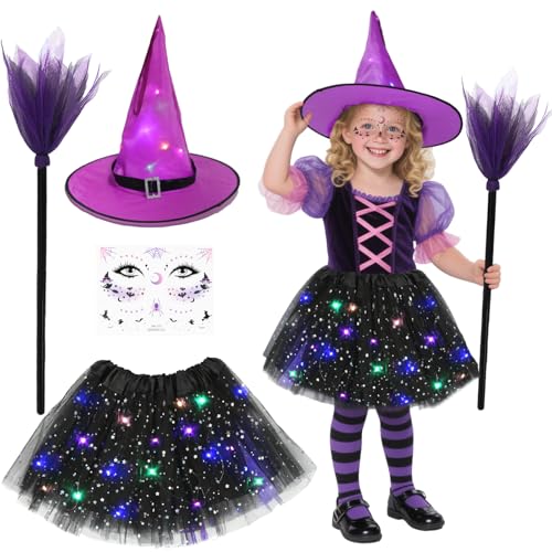 Hexenkostüm Kinder, Halloween Kostüm Mädchen Hexe mit Hexenhut, Gesichtsaufkleber, LED Schwarz Tüllrock und Besen, für Halloween, Karnevals, Cosplay von Meleager