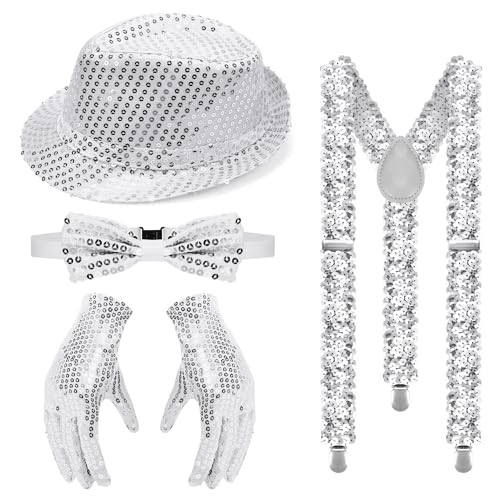 Jazz Dance Performance Hippie Accessories Pailletten Set, Glitzer Fliege und Hosenträger Herren Set mit Partyhüte Silber Handschuhe für Karneval Kostüm Zubehör Jazz Dance Performance Hippie Accessories Pailletten Set, Glitzer Fliege und Hosenträger Herren Set mit Partyhüte Silber Handschuhe für Karneval Kostüm Zubehör von Meleager