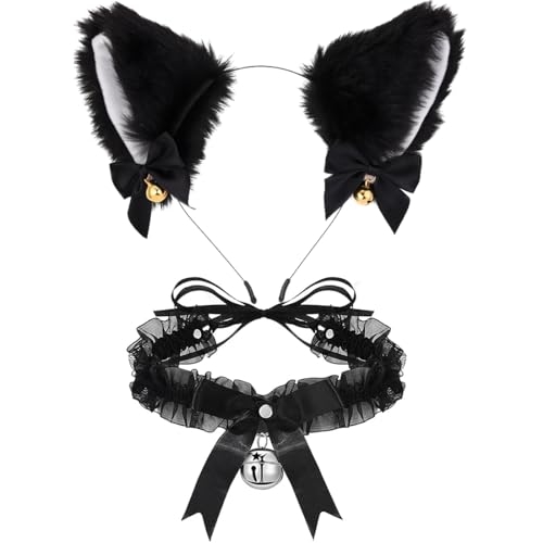 Katzenohren Haarreif, Cat Ears Haarschmuck mit Glöckchen Halskette, Katzenkostüm Damen, Katze Cosplay Set, Katzen Ohren Stirnband für Halloween Karneval Party Katzenohren Haarreif, Cat Ears Haarschmuck mit Glöckchen Halskette, Katzenkostüm Damen, Katze Cosplay Set, Katzen Ohren Stirnband für Halloween Karneval Party von Meleager
