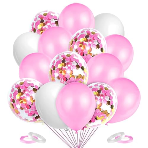 Luftballons Rosa Weiß, 60 pcs Konfetti Rosa Weiß Ballons, Pailletten Helium Ballon für Geburtstag, Hochzeit, Babyparty, Luftballons Girlande, Graduierung, Mädchen, Taufe, Kommunion Deko von Meleager