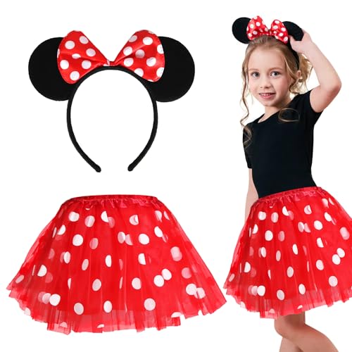 Faschingskostüme Kinder Mädchen, Minie Mouse Kostüm Kinder, Kinderkostüme Mädchen, Rot Tüllrock mit Weiß Gepunktet + Haarreifen mit Maus Ohren für Halloween Fasching Karneval Cosplay Party von Meleager