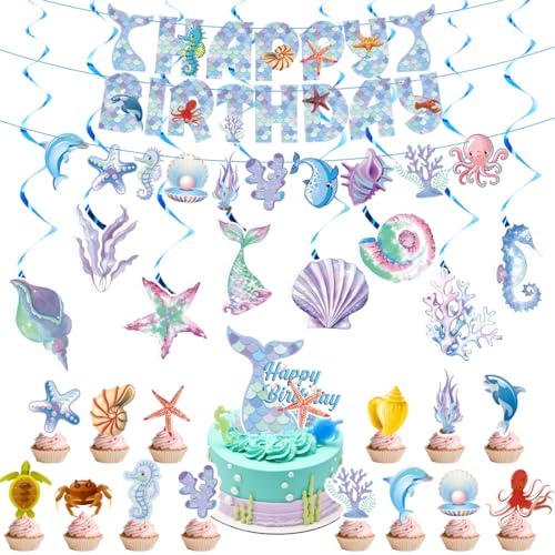 Meerjungfrau Geburtstag Deko, Meerjungfrau Hängende Wirbel Deko Kindergeburtstag, Geburtstag Girlande, Tortendeko, Unterwasserwelt Party Deko für Jungen Mädchen Mermaid Thema Parteien von Meleager