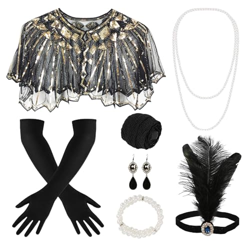 Meleager 20er Jahre Accessoires Damen, Gatsby Accessoires Damen, Flapper Accessoires, Kopfbedeckung Lange Schwarze Handschuhe, 1920er Accessoires für Karneval, Partys（G） von Meleager