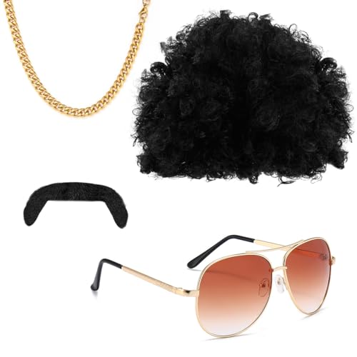 Meleager 4er Hippie Kostüm Set, Herren, Afro Perücke, Disco Sonnenbrille, Falscher Bart, Disco Halskette, für 70er/80er Jahre Kostüm Accessoires, Cosplay, Karneval Meleager 4er Hippie Kostüm Set, Herren, Afro Perücke, Disco Sonnenbrille, Falscher Bart, Disco Halskette, für 70er/80er Jahre Kostüm Accessoires, Cosplay, Karneval von Meleager