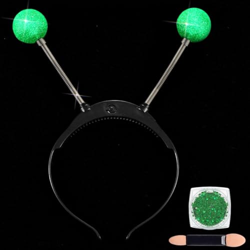 Meleager Alien Haarreif Grün, Alien Kopfschmuck Leucht, Farbfolie Alien Fühler Stirnband, LED Alien Kostüm Accessoires Erwachsene Kinder, für Karneval Halloween Fasching Cosplay von Meleager