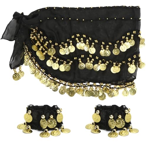 Bauchtanz Hüfttuch, Bauchtanz Kostüm Damen, Bauchtanz Rock mit 128-Gold Münzen, Chiffon Bauchtanzgürtel mit Armbändern, Orientalisches Kostüm Damen für Mottoparty, Carnival(Schwarz) von Meleager
