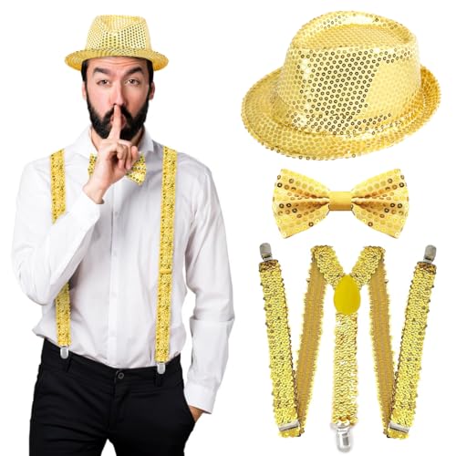 Meleager Disco Karneval Outfit Herren Accessories, Pailletten Hut Gold Set mit Glitzer Fliege und Hosenträger, Glitzer Outfit für Fasching Party,Jazz Dance Performence von Meleager
