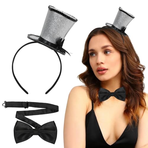 Haarreif mit Zylinder, Silber Mini Zylinder Haarreif und Schwarz Fliege, Haarreif mit Silber Pailletten Hut, für Abschlussball, Party, Karneval, Halloween Haarreif mit Zylinder, Silber Mini Zylinder Haarreif und Schwarz Fliege, Haarreif mit Silber Pailletten Hut, für Abschlussball, Party, Karneval, Halloween von Meleager