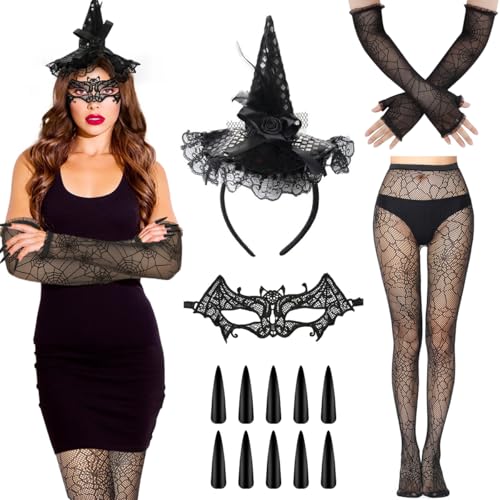 Meleager Halloween Accessoires Damen, Hexenhut Zubehör, Hexenhut Haarreif, Halloween Haarreif, Netzstrümpfe, Press on Nails, Spitzen-Augenmaske,für Halloween, Karnevalspartys Meleager Halloween Accessoires Damen, Hexenhut Zubehör, Hexenhut Haarreif, Halloween Haarreif, Netzstrümpfe, Press on Nails, Spitzen-Augenmaske,für Halloween, Karnevalspartys von Meleager